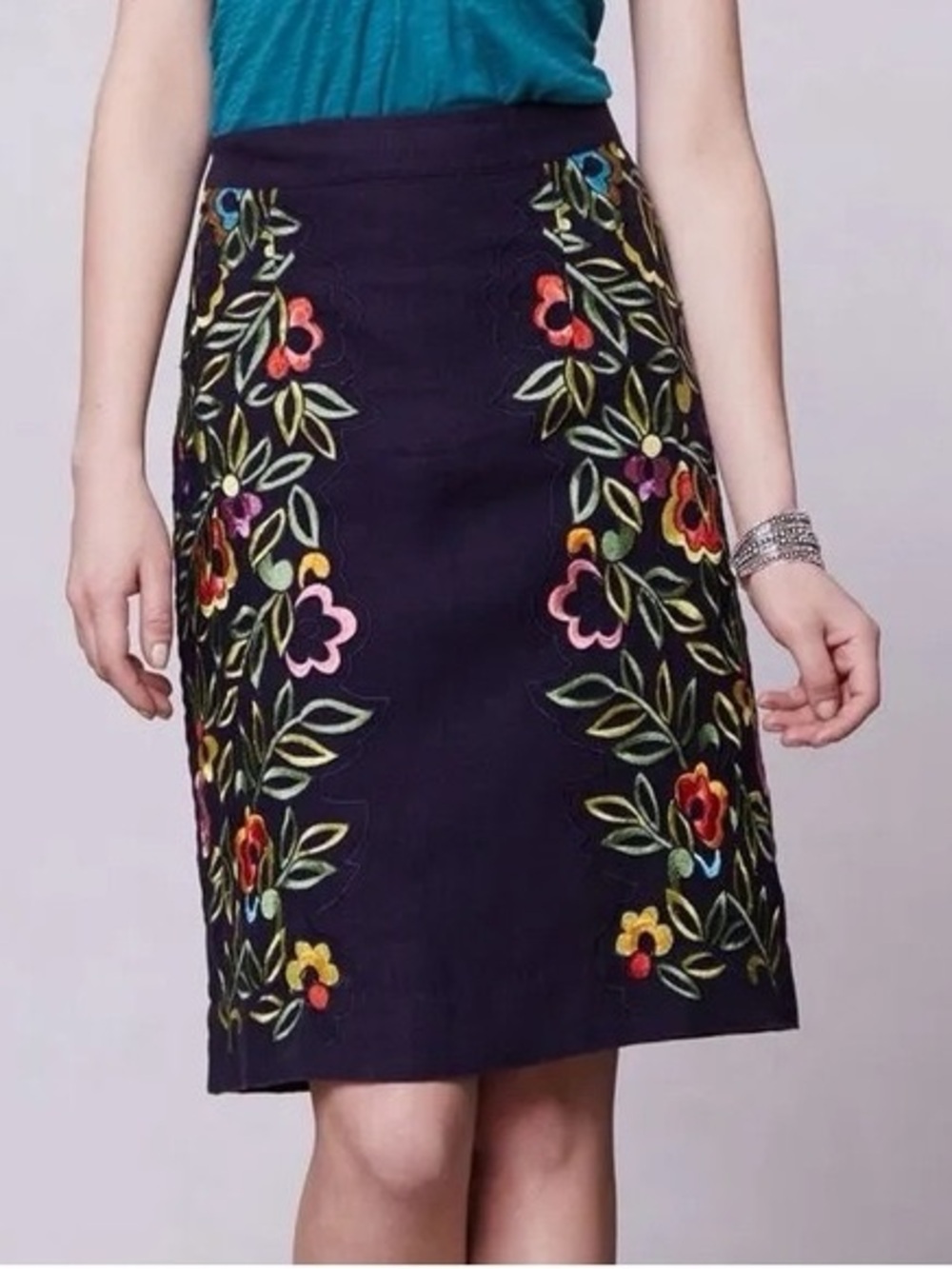 Moulinette Soeurs Navy Pencil Skirt with Multicolor Floral Embroidery